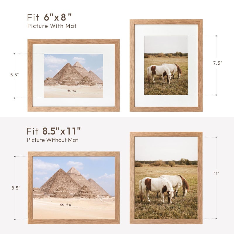 wallwisy 8.5x11 Picture Frame  Solid Oak Wood 8.5 by 11 Picture Frame with Mat to 6x8(Openning Size is 5.5x7.5)  11x8.5 Natural Oak Frames for Wall and Tabletop Display  Set of 1 - Image 3